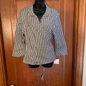 NWT Covington Muted Black and White Striped 3/4 Sleeve Wrap Blouse Size XL